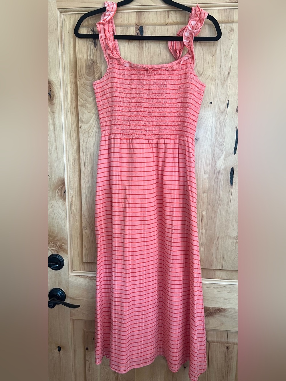 Carve Designs Indie Dress Coral Striped Smocked Midi Dress - Picture 3 of 7